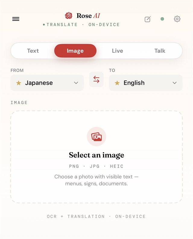 Rose AI Image mode: select a photo with visible text to translate it on-device