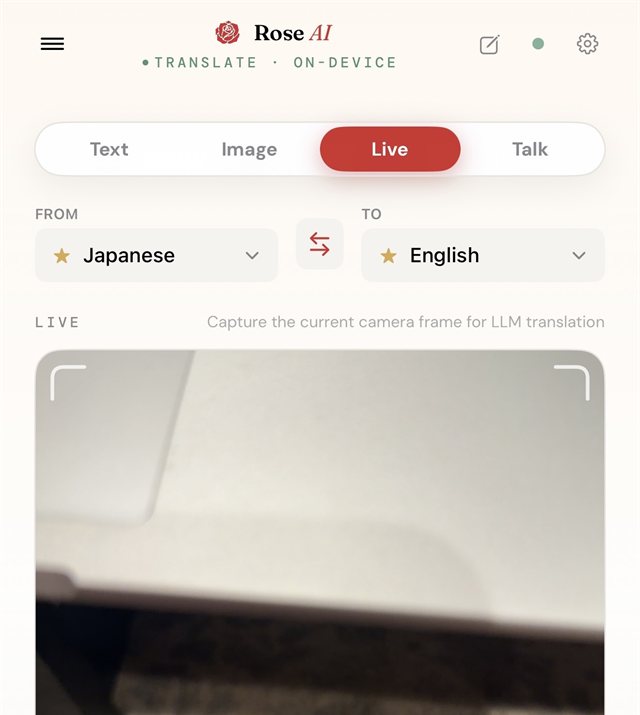 Rose AI Live mode: live camera viewfinder ready to capture a frame for translation