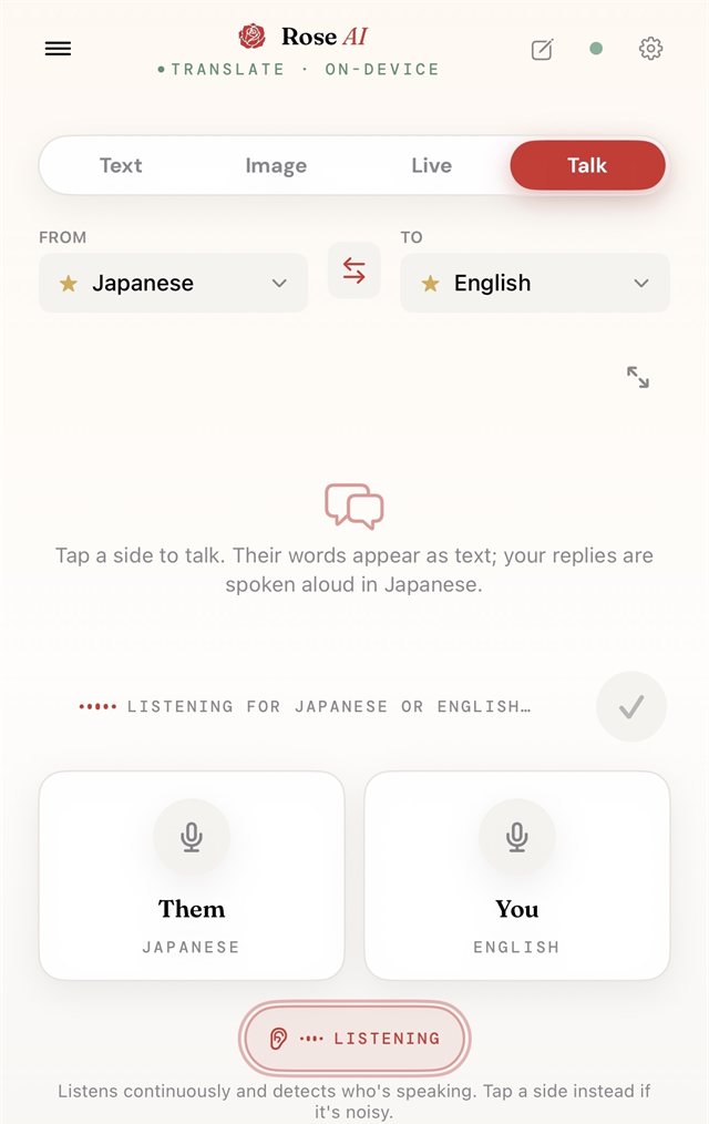 Rose AI Talk mode listening for Japanese or English, with Them and You speaker cards and hands-free listening